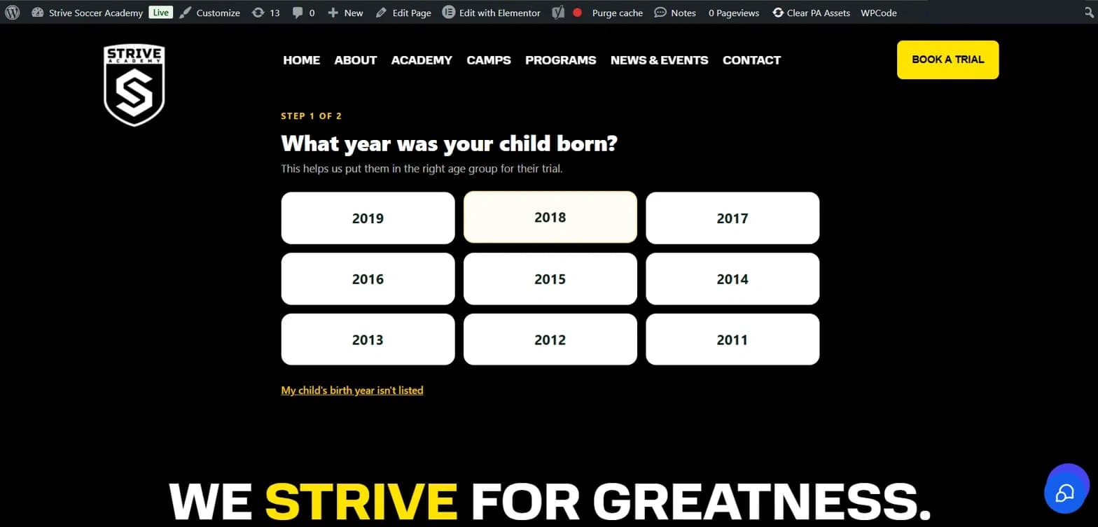 Strive Soccer Academy interface